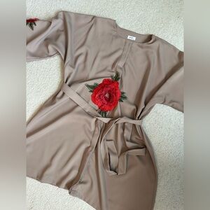 Elegant Beige Kimono with Red Floral Design